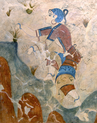 A reproduction by Thomas Baker of an ancient Theran wall painting showing a girl gathering crocus flowers