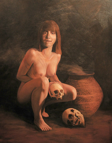 Anasazi Kitchen, a painting of an Anasazi Pubelo Indian cannibal woman stewing human skulls