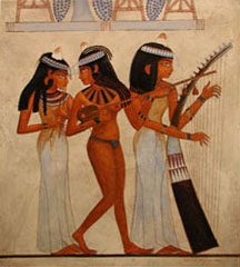 Egyptian tomb wall mural, reproduced in oil paint on a textured wooden panel by Thomas Baker