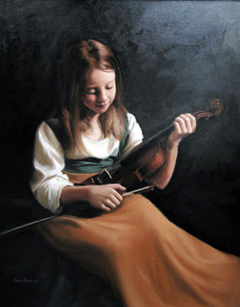 An oil painting of a little girl with a violin entitled The Family Heirloom