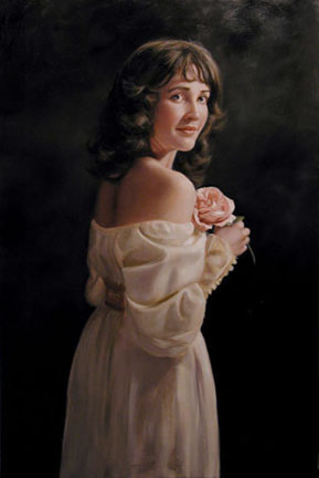 Flirtation, an oil painting on canvas of a young woman with a rose
