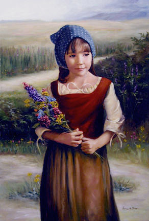 An oil painting by Thomas Baker of a girl in a meadow with an armful of flowers entitled Gifts of the Fields
