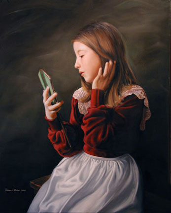 The Mirror, an oil painting of a girl looking into a hand mirror