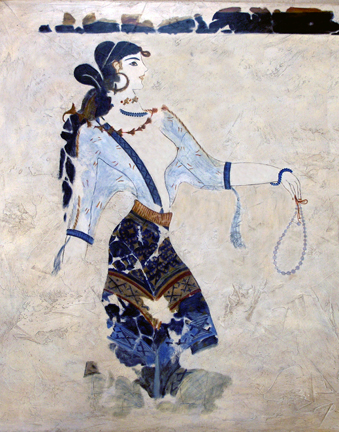 Ancient Theran wall mural showing a bare-breasted woman holding a necklace, reproduced in oil paint on a textured wooden panel by Thomas Baker