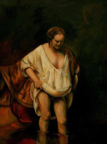 Woman Wading in a Stream, an oil painting by Rembrandt, reproduced by Thomas Baker